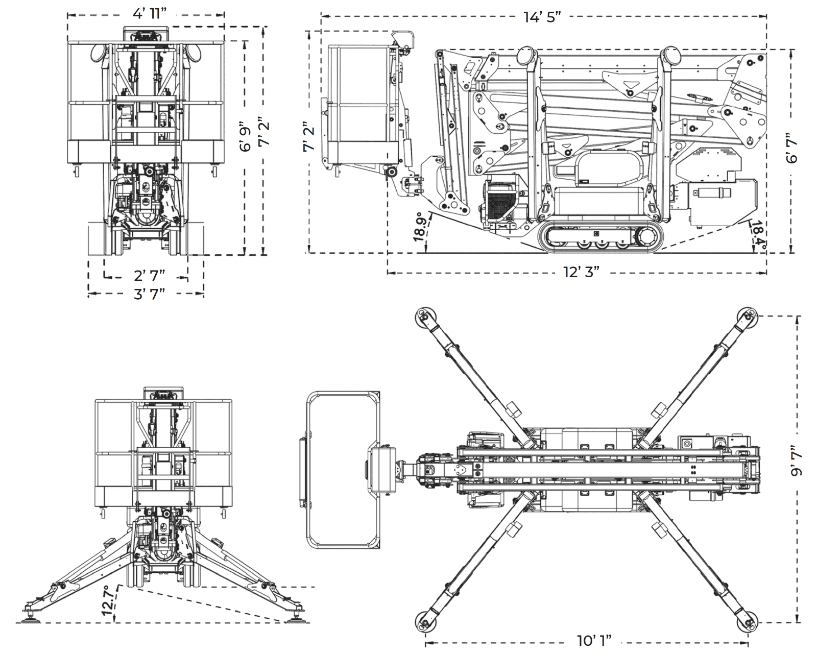 Dimension drawing of the IM R 49 / 15 DA Pro: 14' 5" transport length, 6' 7" stowed height, 2' 7" track width extending to 3' 7", 9' 7" by 10' 1" outrigger footprint