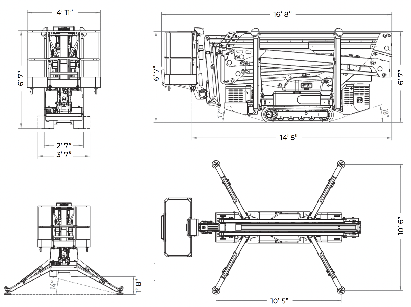 Dimension drawing of the IM R 65 / 20 DA Pro: 16' 8" transport length, 6' 7" stowed height, 2' 7" track width extending to 3' 7", 10' 5" by 10' 6" outrigger footprint