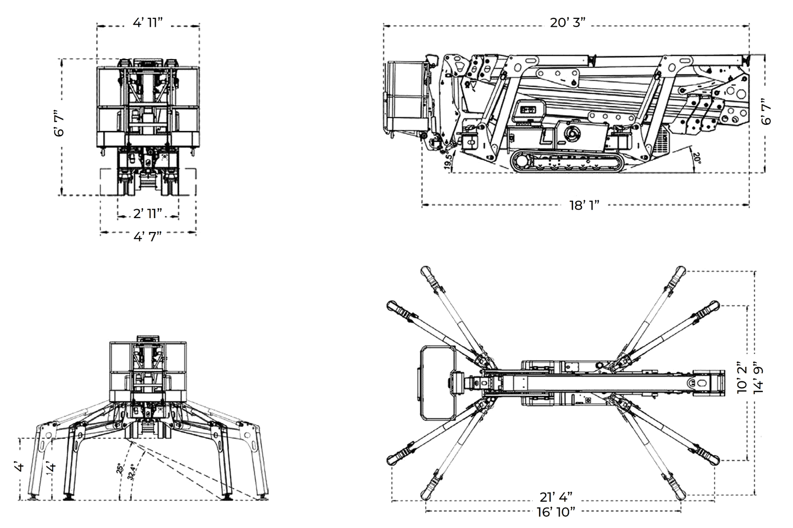 Dimension drawing of the IM R 97 / 30 DT Pro: 20' 3" transport length, 6' 7" stowed height, 2' 11" track width extending to 4' 7", 16' 10" by 14' 9" standard outrigger footprint and 21' 4" by 10' 2" narrow footprint